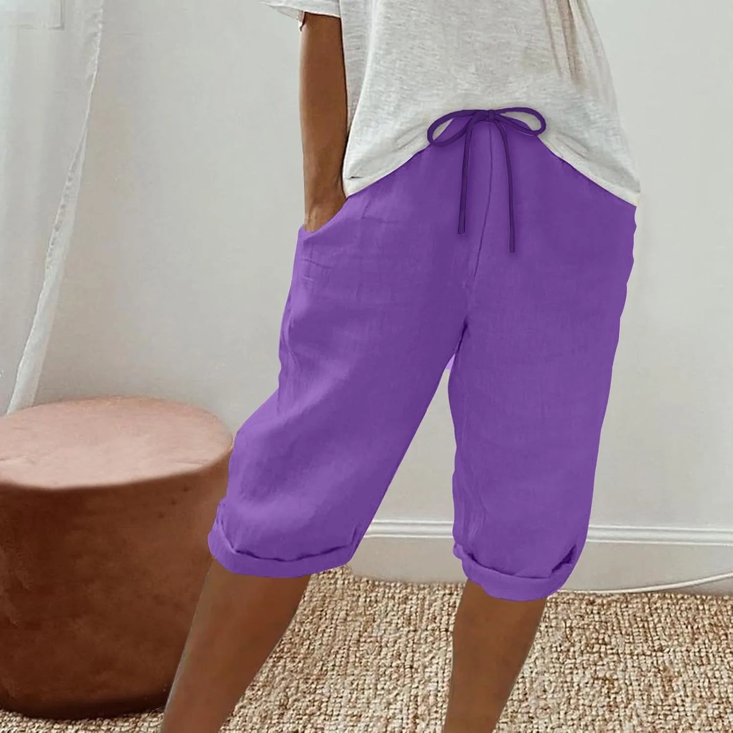 Женские шорты бермуды высокой посадки из льна с хлопком RONGLIYI, Purple — фото 3