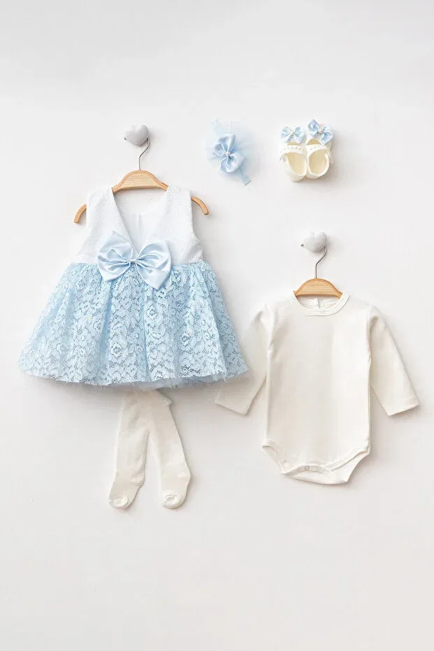 Детский комплект для новорожденных девочек кружевной с моделью New model baby girl 0-6 months newborn dress 6-piece mevlütlük set french lace dress with bolero mt334 Generic Brands, Blue — фото 2