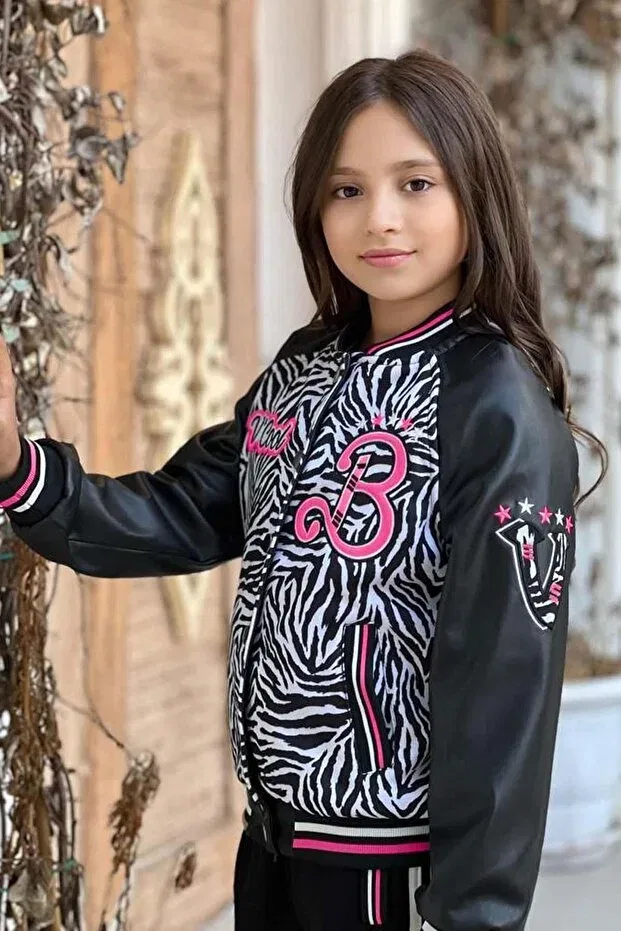 Детский комплект для девочек с принтом v cool writing printed sweatshirt zebra and pink striped detail leather tracksuit set Riccotarz, Pink — фото 4