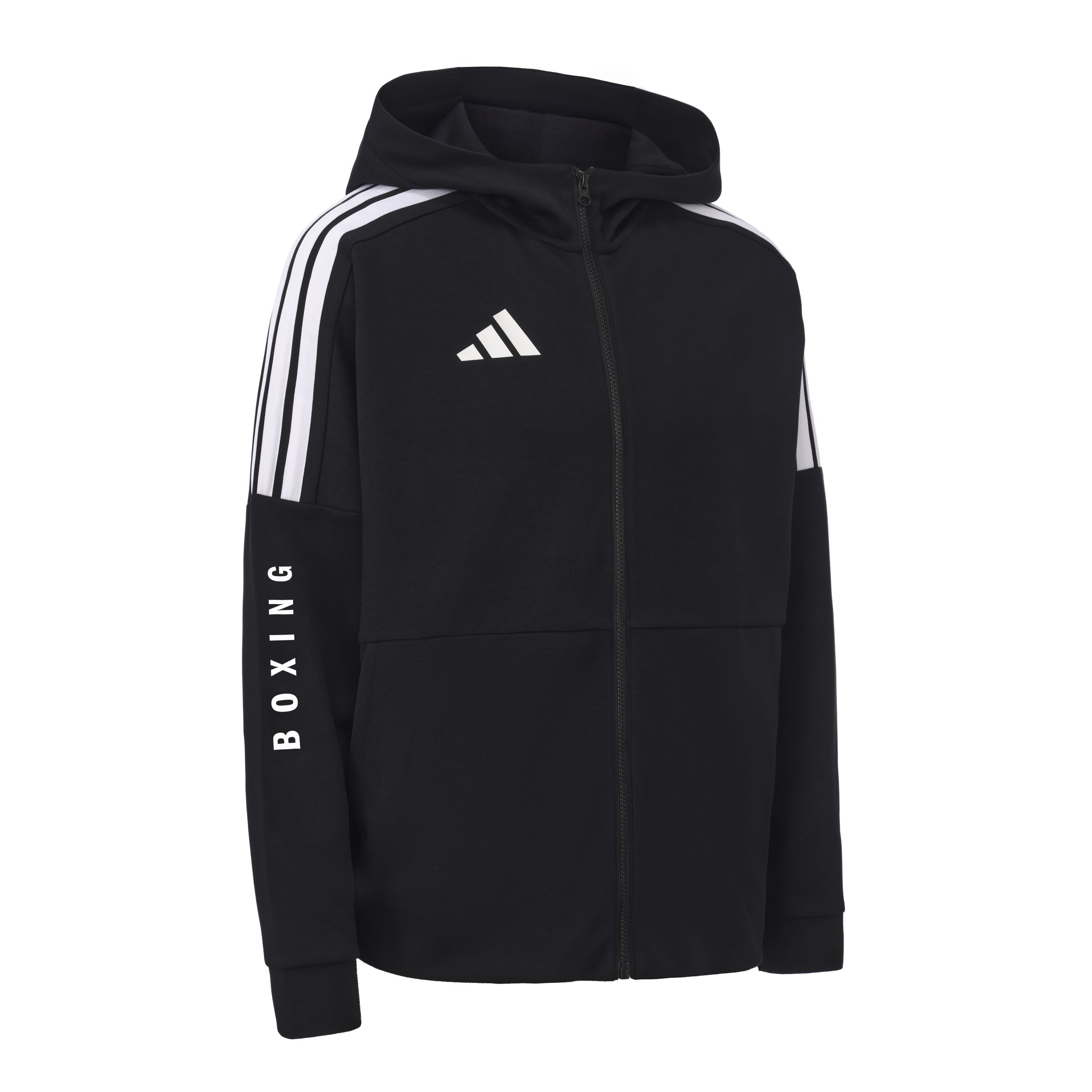 Adidas Куртка «Три полоски», унисекс, черная с белыми полосками, с капюшоном, умеренной плотности ткани, с несколькими карманами, трикотажная — фото 3