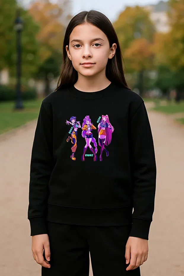 Детские свитшот для девочек с принтом Kpop demon hunters hunterix demon hunters zoey mira rumi design Blitzist, Black — фото 2