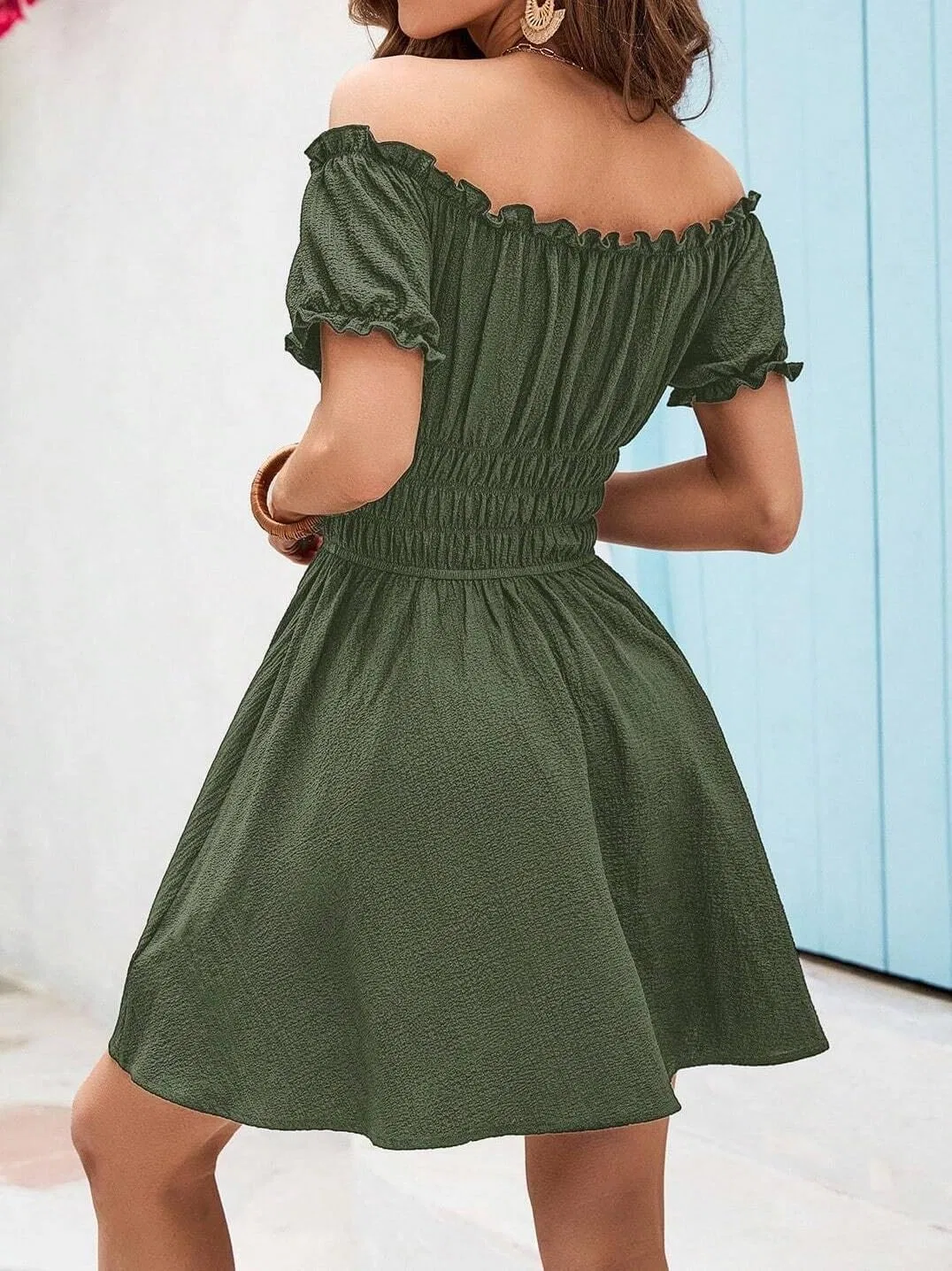 Женское повседневное платье с рюшами A-line Off Shoulder, Army Green — фото 3