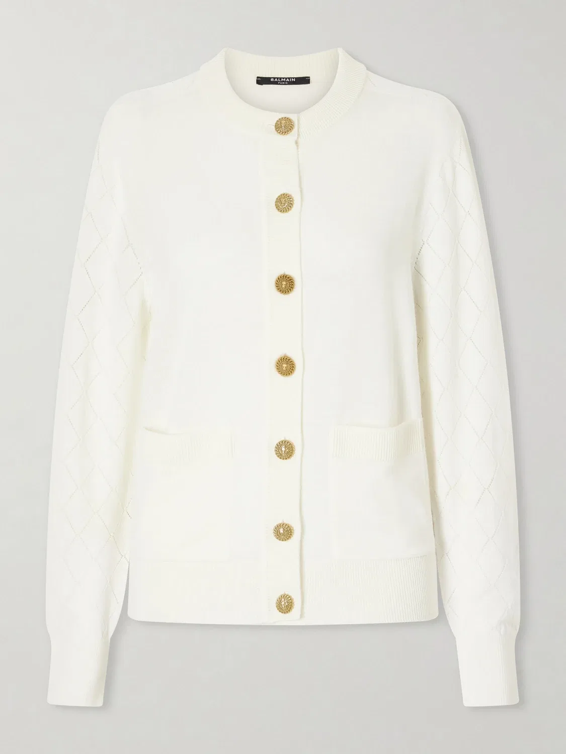 Хлопковый кардиган вязкой ажурным узором BALMAIN, белый