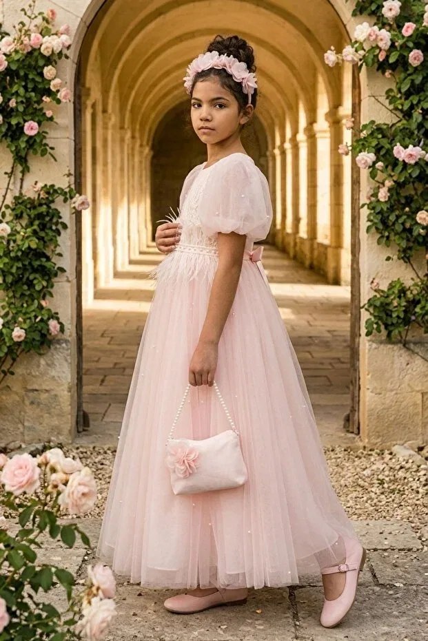 Детское платье для девочек с принтом Kelebek Peri, Powder Pink — фото 4