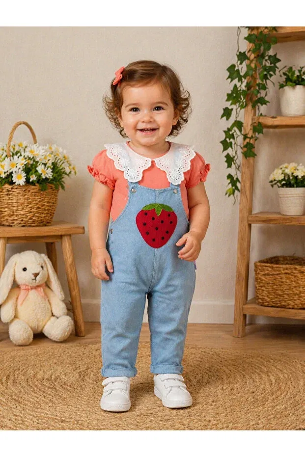 Детский комбинезон для девочек с цветочным принтом Strawberry pocket ruffle collar detailed denim baby girl summer salopet gardener set Baby Buu, Pink