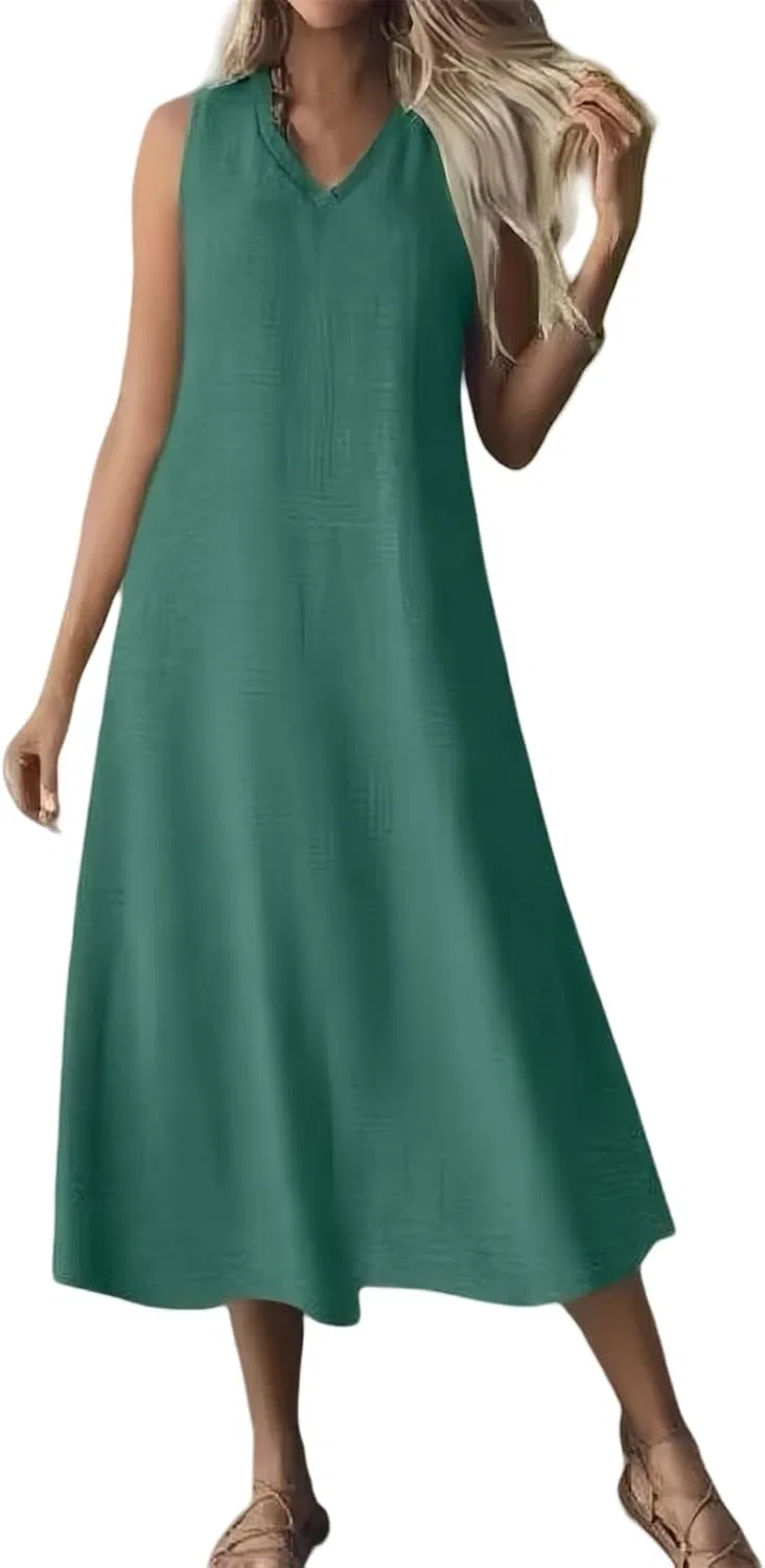 Женское льняное платье-макси без рукавов Dark Green
