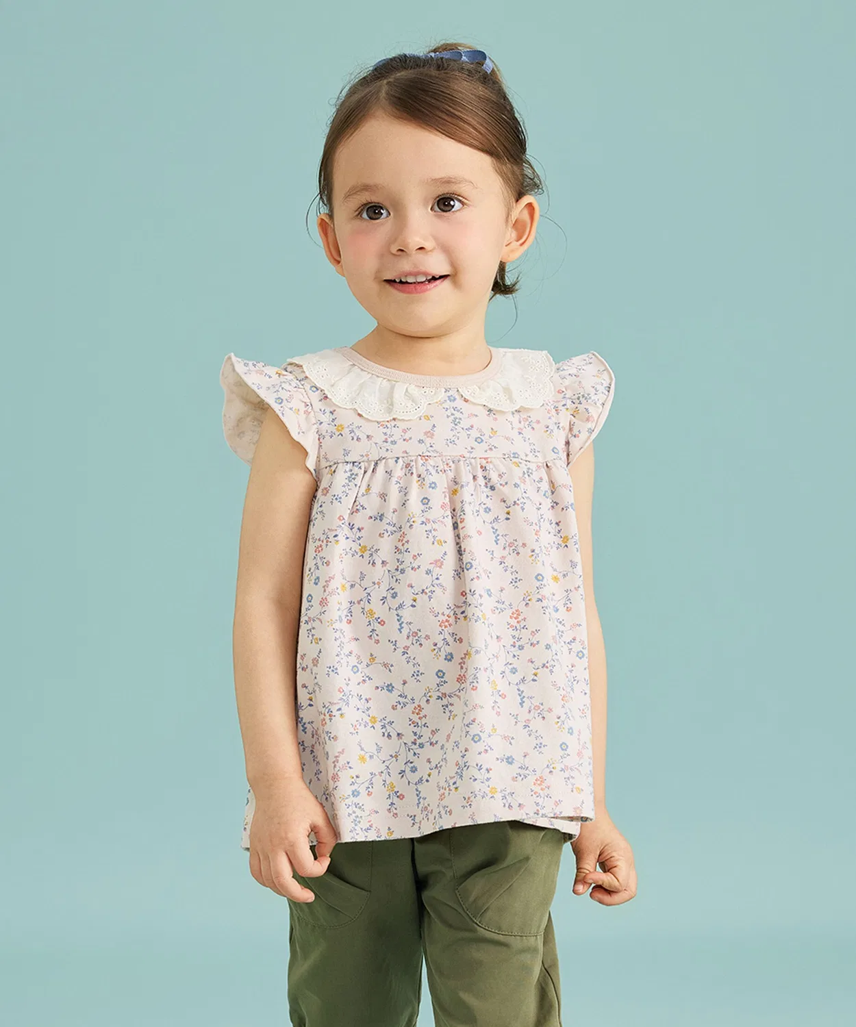 Детская туника с фриллами и цветочным принтом, модель Frill Sleeve Tunic (Small Flower), combimini, Baby Pink