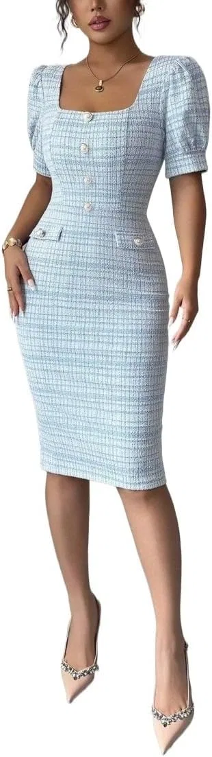 Женское элегантное платье bodycon с короткими рукавами-фонарик, Blue