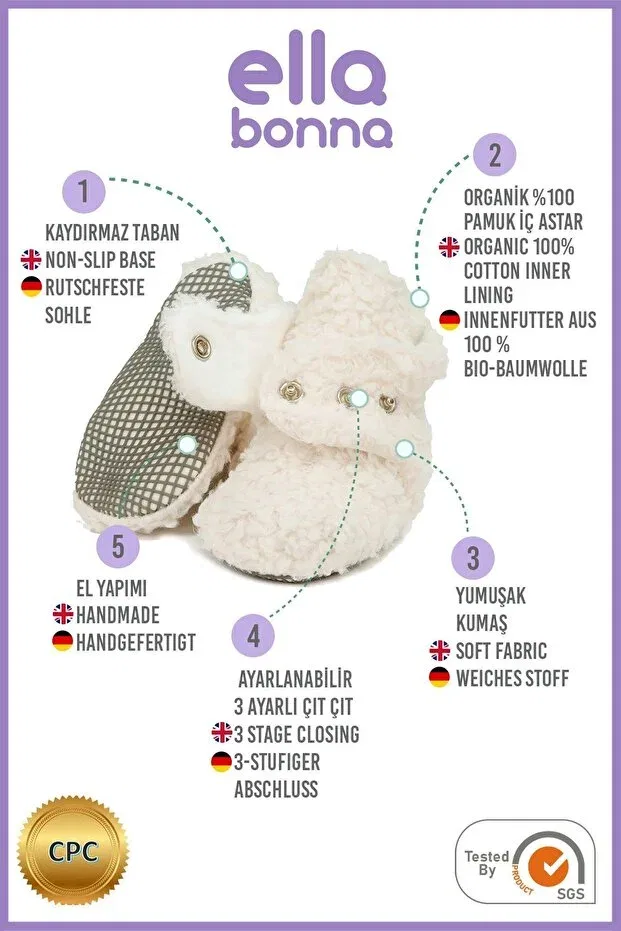 Детские тапочки для новорожденных с принтом Non-Slip sole baby slippers ilkadım home slippers anti-sweat organic cotton lined off-white Ella Bonna, Broken White — фото 4