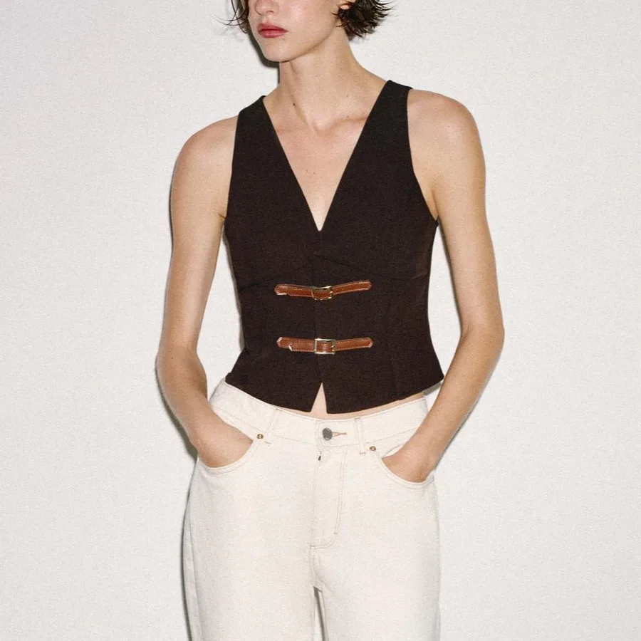 Женский топ без рукавов с V-образным вырезом, ZARA, Brown — фото 4