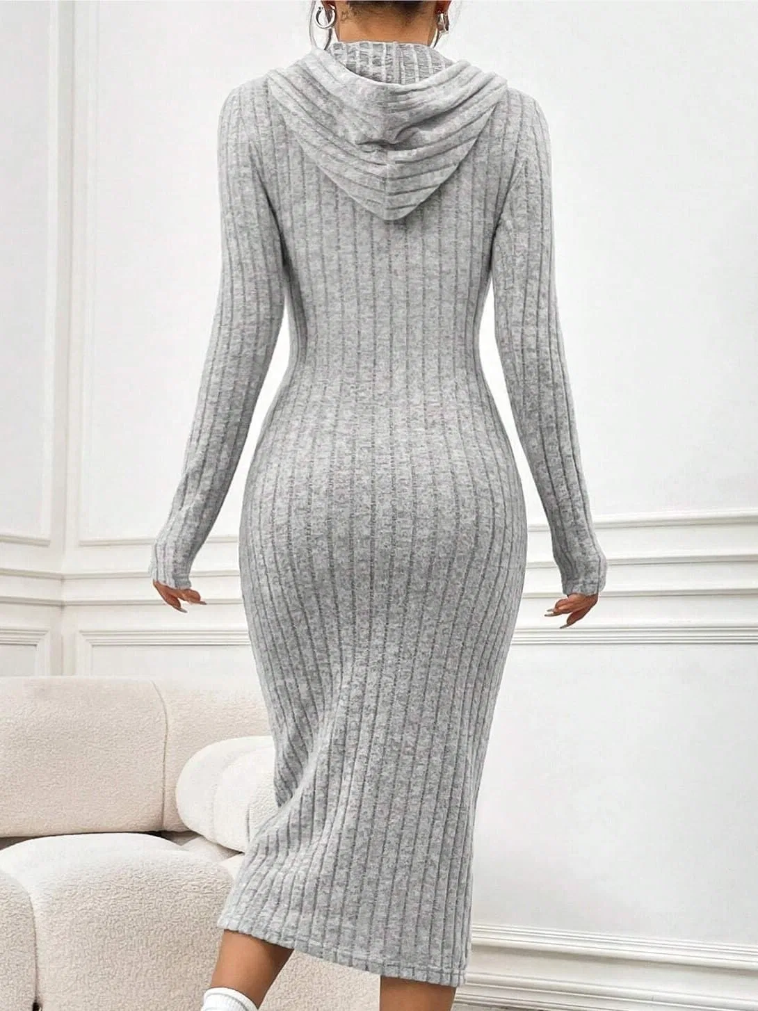Женское платье-худи с капюшоном Rib-Knit Maxi, Gray — фото 2