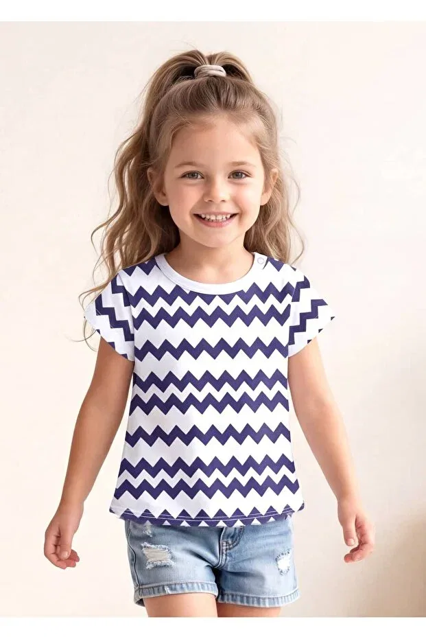 Детская футболка для девочек с принтом Organic Zigzag Patterned Ozmoz By Mukadder Özden, White-Blue