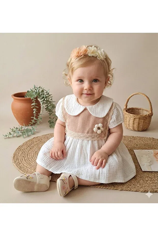 Детское платье для девочек с принтом Daisy Embroidered Baby Collar Muslin Baby Dress Masalbebek_Tr, White — фото 2