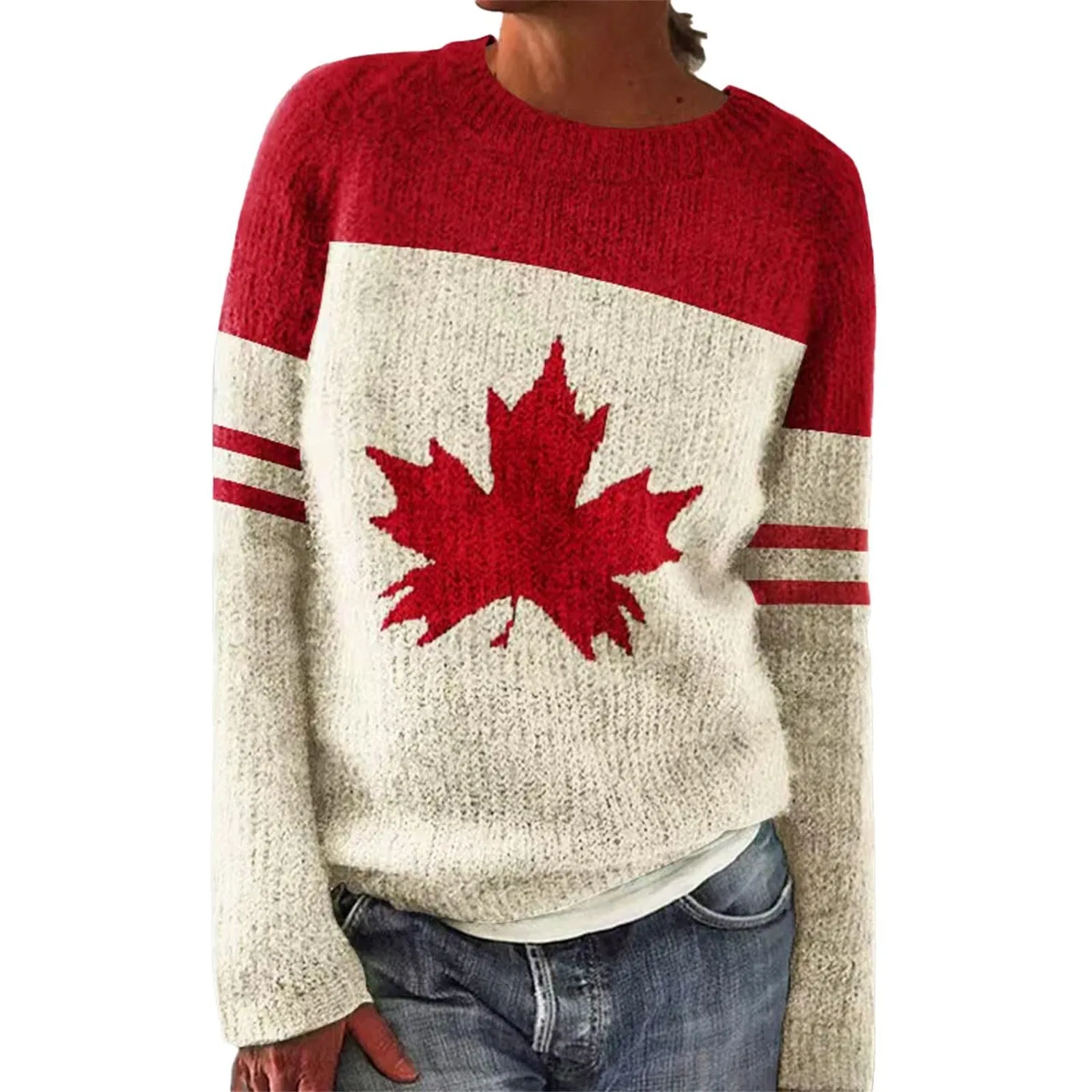 Женский свитер оверсайз с принтом Maple Leaf Print, Red