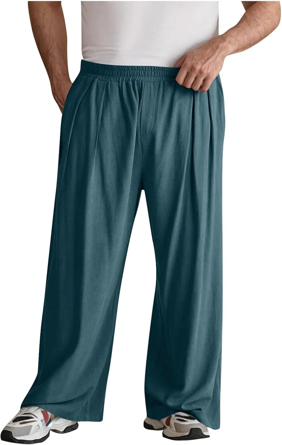 Мужские свободные брюки из хлопка и льна, Wide Leg Baggy Trousers, синий