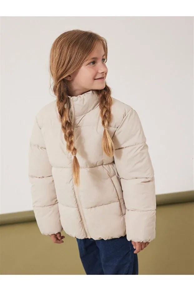 Детский пуховик для девочек с принтом Stand Collar Cream Girl's Puffer Jacket Name It, Beige