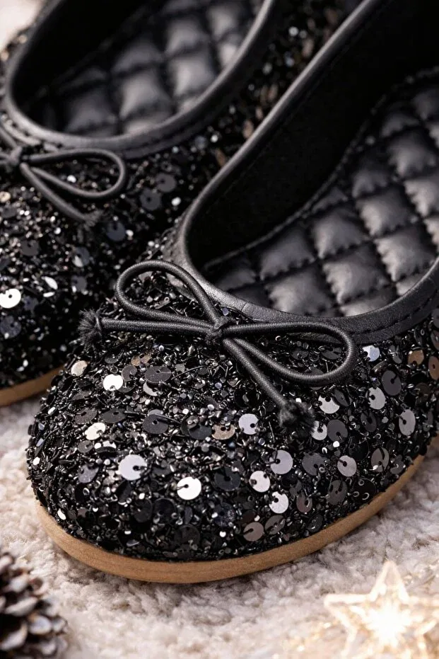 Детские балетки для девочек с бантом Slipcat, Sequined Black — фото 3