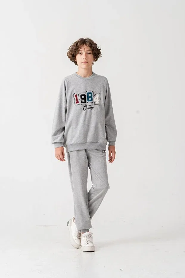Детский спортивный костюм для мальчиков с принтом 1984 Champ Applique Embroidered Printed Mışıl Kids, Gri