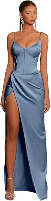 Женское атласное вечернее платье с разрезом V-образным вырезом Mermaid Generic, Dusty Blue