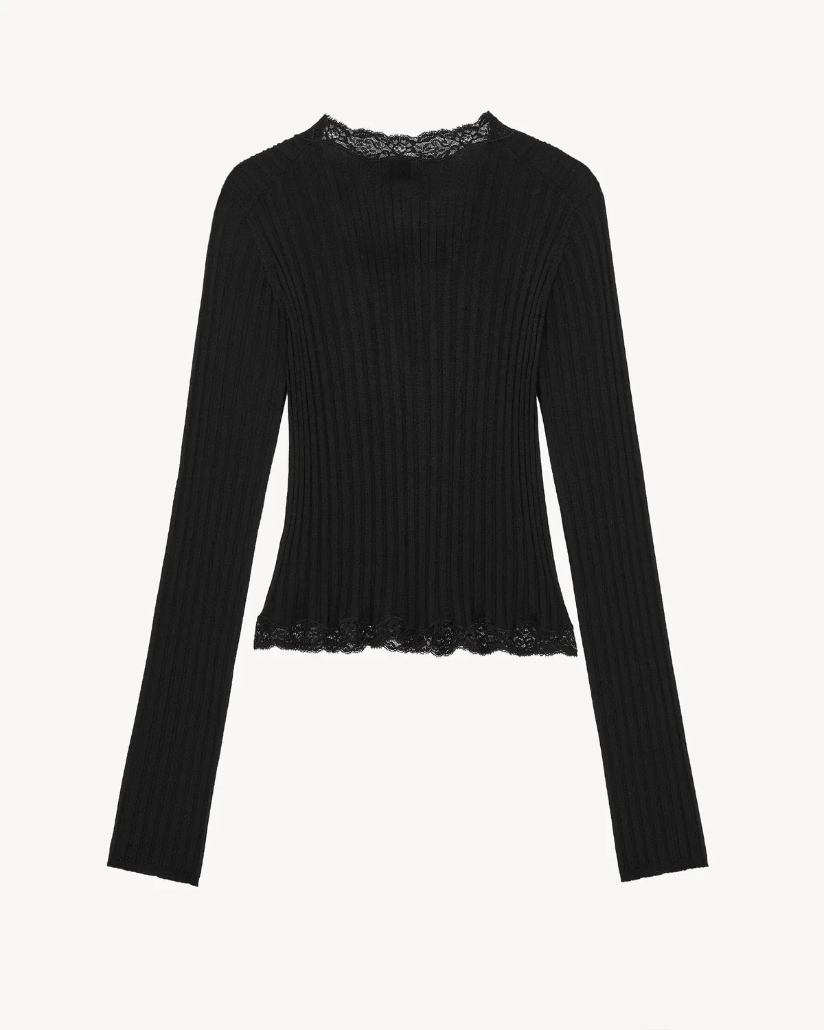 Кардиган в рубчик из шерсти кашемира и шелка с кружевной отделкой SAINT LAURENT, черный — фото 3
