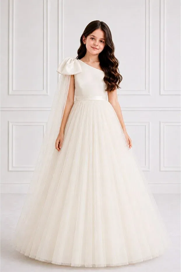 Детское платье для девочек с бантом One Shoulder Bow Detailed Puffy Tulle Princess Madyabutik, Ecru