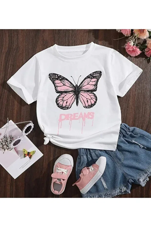 Детская футболка для девочек с принтом Pink dreams butterfly printed Amazon Ev, White