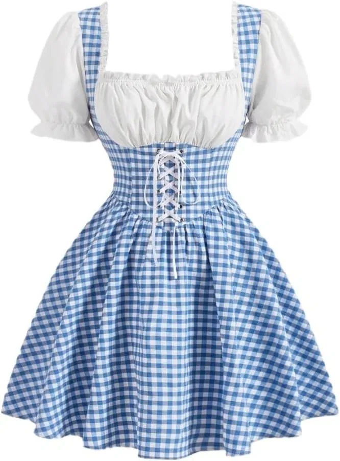 Женское повседневное платье A-силуэта с пышными рукавами, клетка, Blue and White