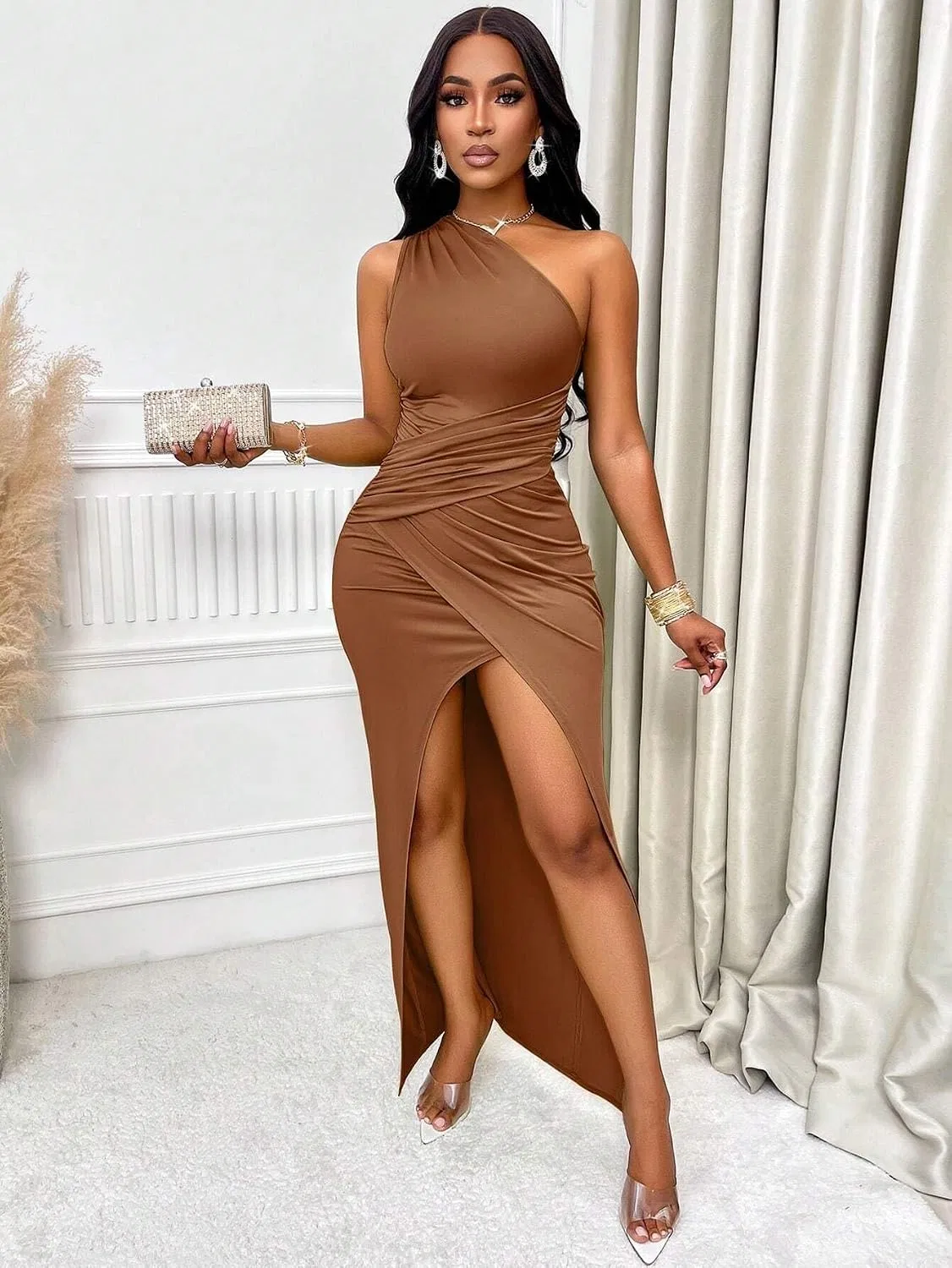 Женское облегающее платье с одним плечом Bodycon Slit, Brown — фото 4