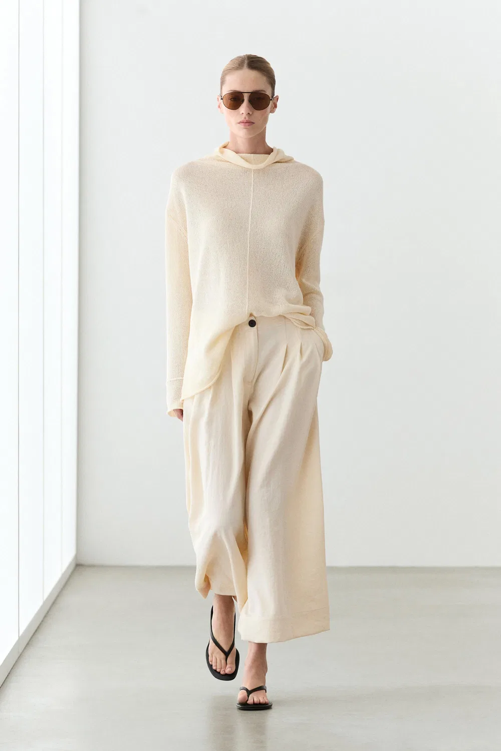 Брюки Massimo Dutti, укороченные, широкие штанины, кремовый