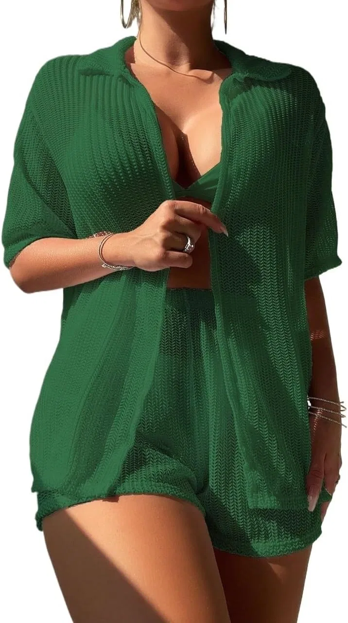 Женский комплект из блузы и шорт с воротником для пляжа, Green