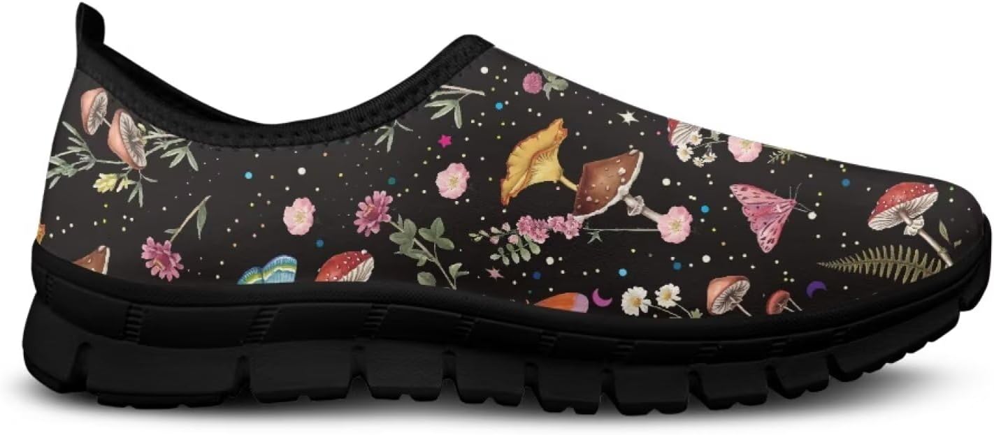 

Кеды-слипоны Binienty для женщин и мужчин с художественным принтом, удобные для путешествий, с круглым носком, плоской подошвой, обувь для медсестер, Mushroom Butterfly Boho Floral