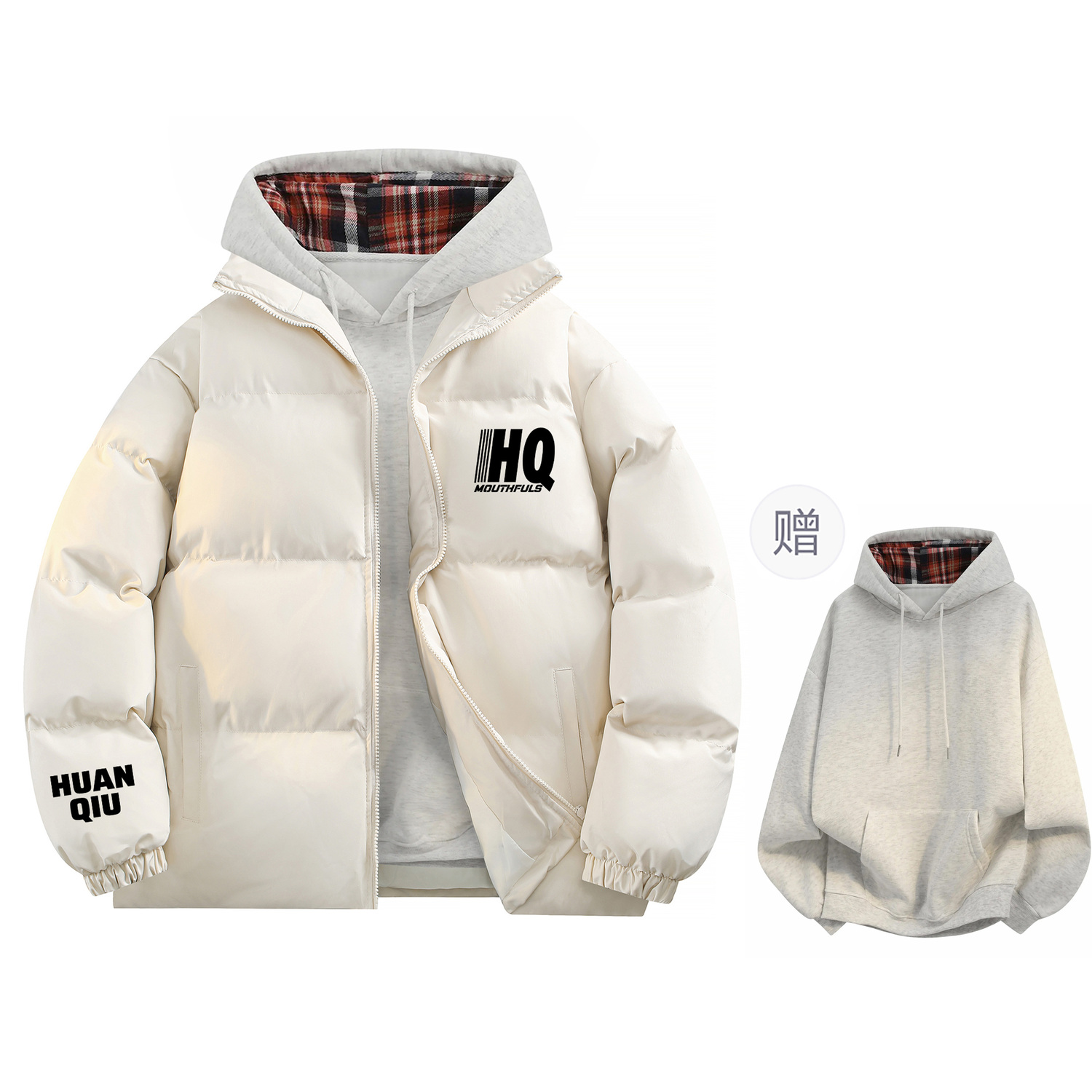 

Пуховик Unisex Stand Collar Thickened Puffer HUANQIU, бежевый оранжевый (with a complimentary plaid sweatshirt)