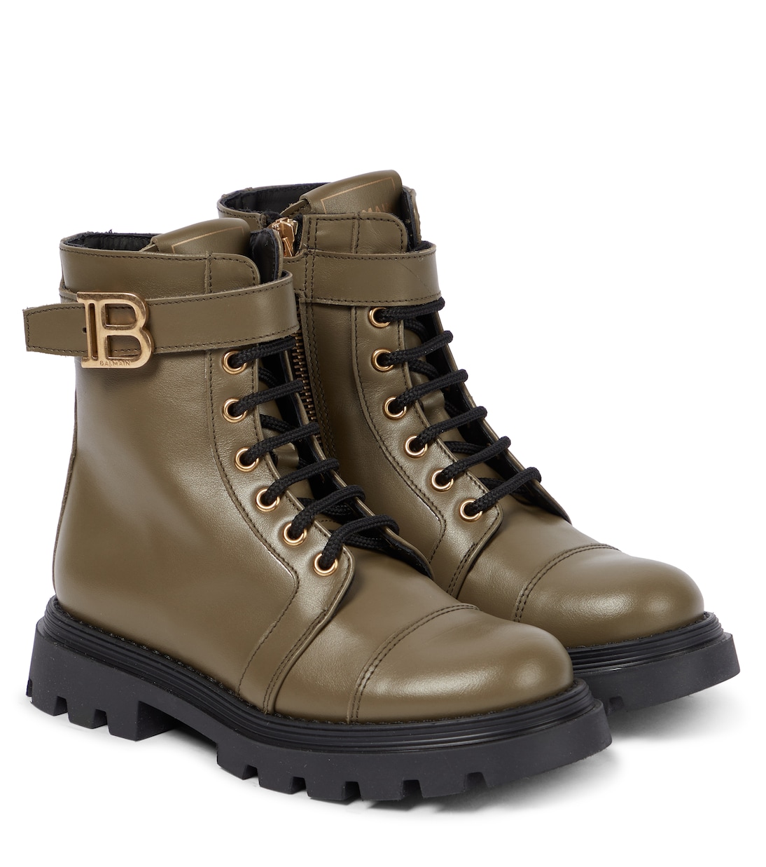 

Кожаные ботинки на шнуровке с пряжками Balmain Kids, Verde