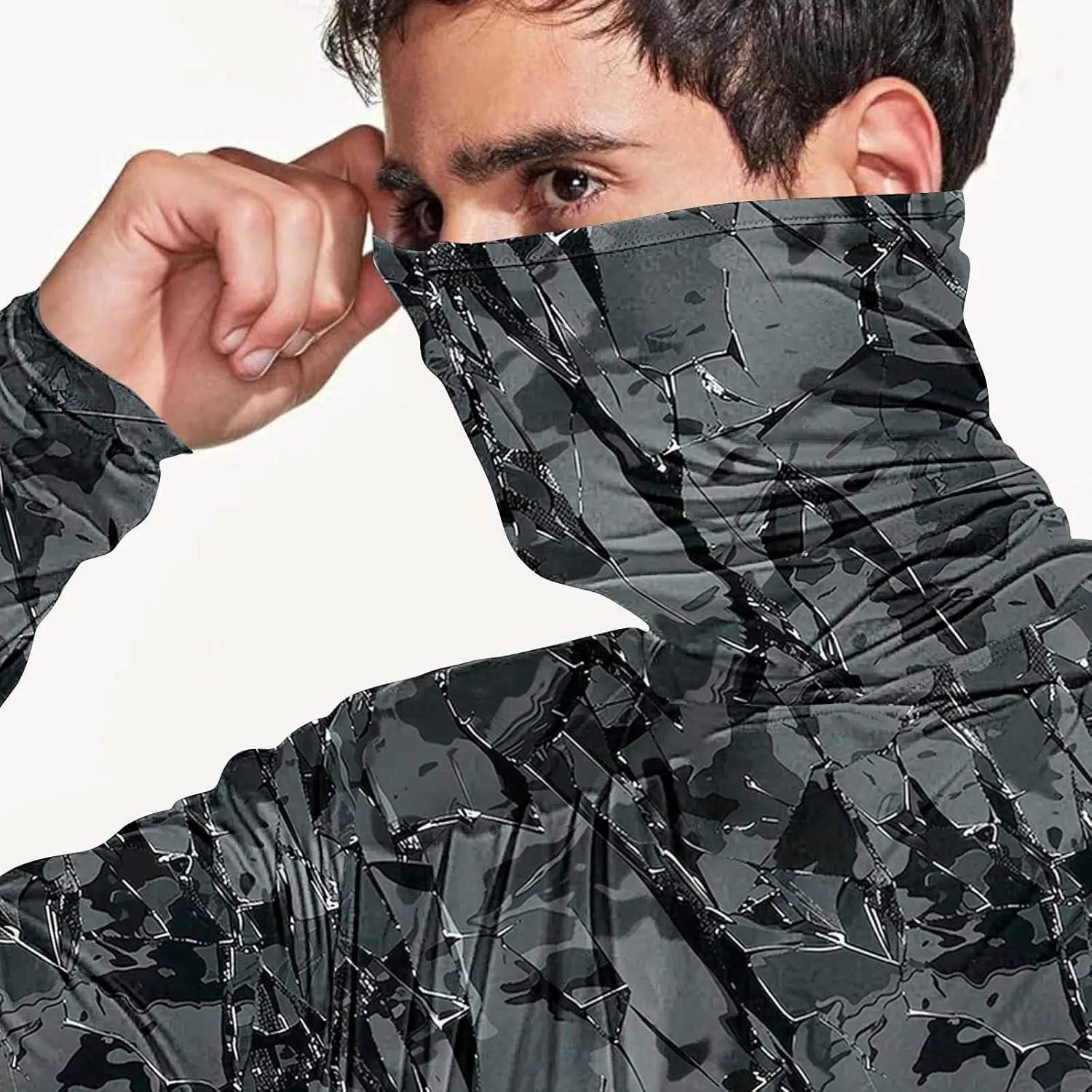 Мужская рубашка с защитой от солнца UPF 50+, в комплекте с маской, легкая, с длинными рукавами и капюшоном, охлаждающая, для походов и рыбалки Generic, темно-серый — фото 4