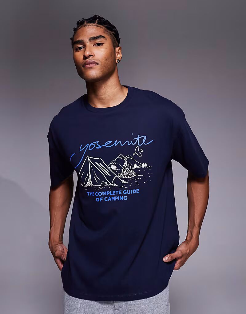 

Свободная футболка с живописным принтом темно-синего цвета Asos Design, Синий, Свободная футболка с живописным принтом темно-синего цвета Asos Design