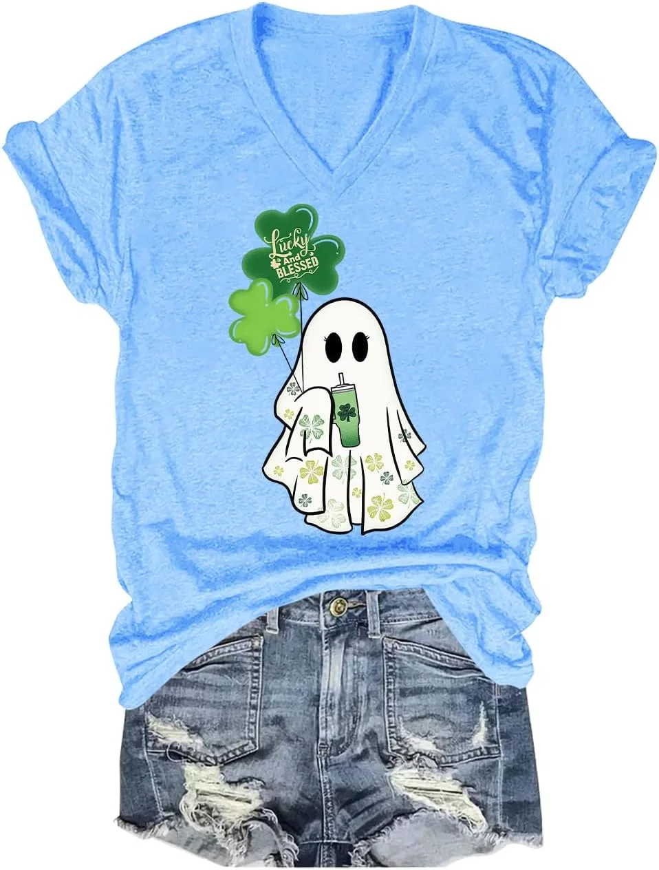 Женская футболка с принтом Lucky and Blessed Ghost, Carolina Blue
