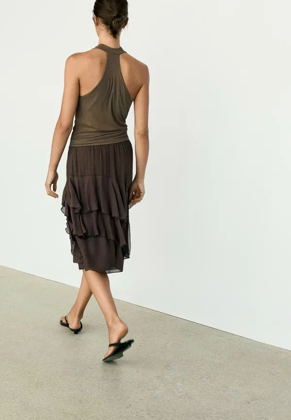 Юбка миди из вискозы Flowing ruffled midi skirt Massimo Dutti, темно-коричневый — фото 4