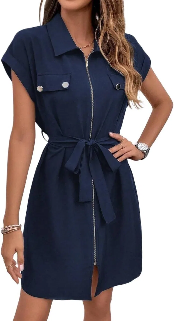 Женское короткое платье-рубашка с поясом, Navy Blue
