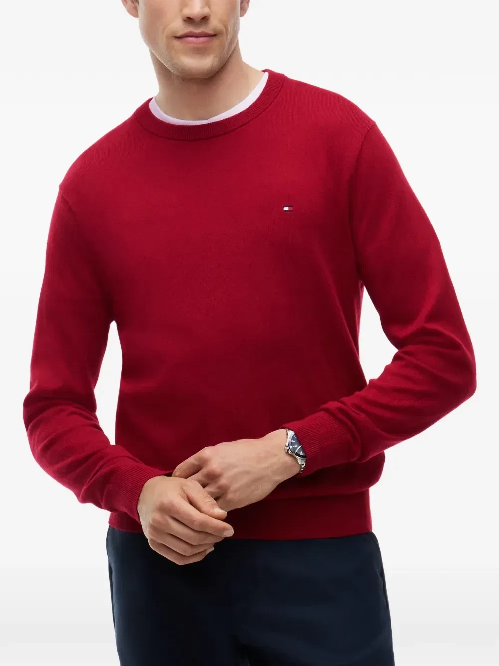 Свитер с круглым вырезом и вышитым логотипом Tommy Hilfiger, красный — фото 3