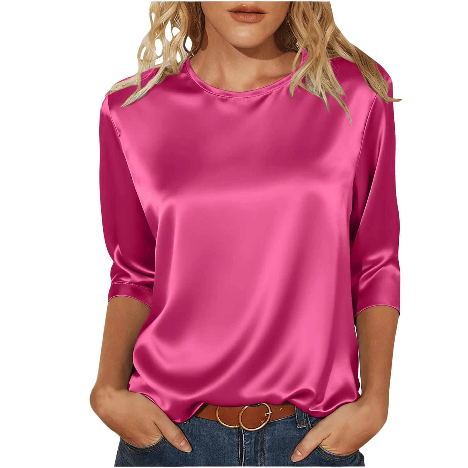 Женская блузка из атласа с длинным рукавом 3/4, модель без названия, Hot Pink