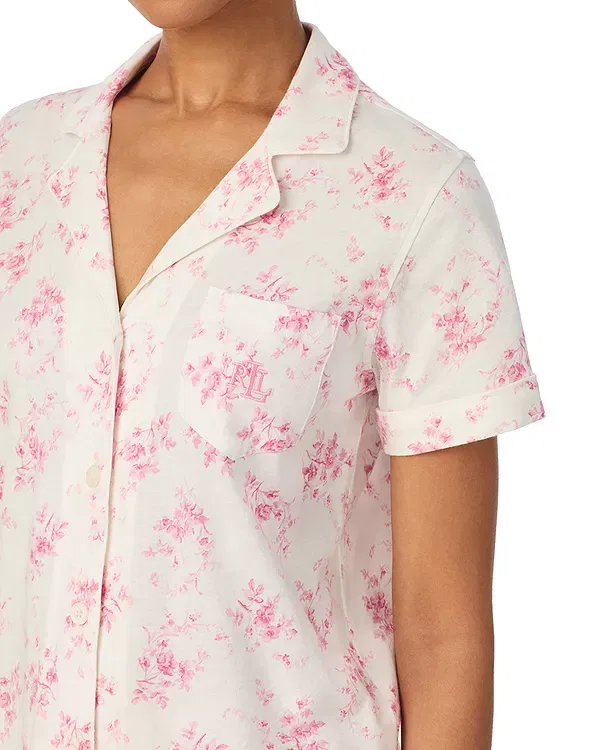 Женский комплект пижамы с принтом Short Sleeve Classic Knits Notch Collar Ankle Pant Pajama Set Ralph Lauren, Ivory Floral — фото 3
