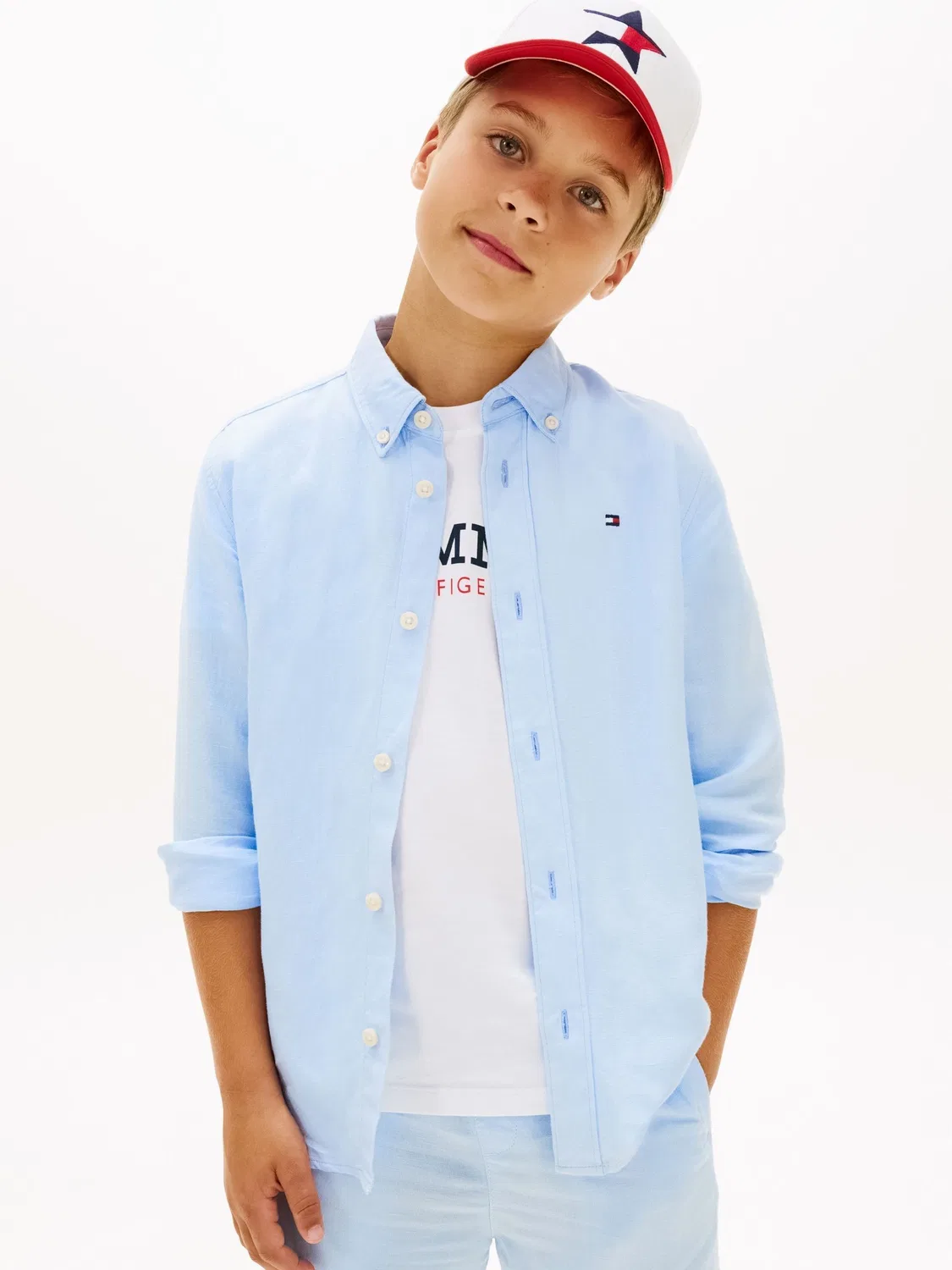 Рубашка из льняной смеси с вышивкой флага Tommy Hilfiger, синяя