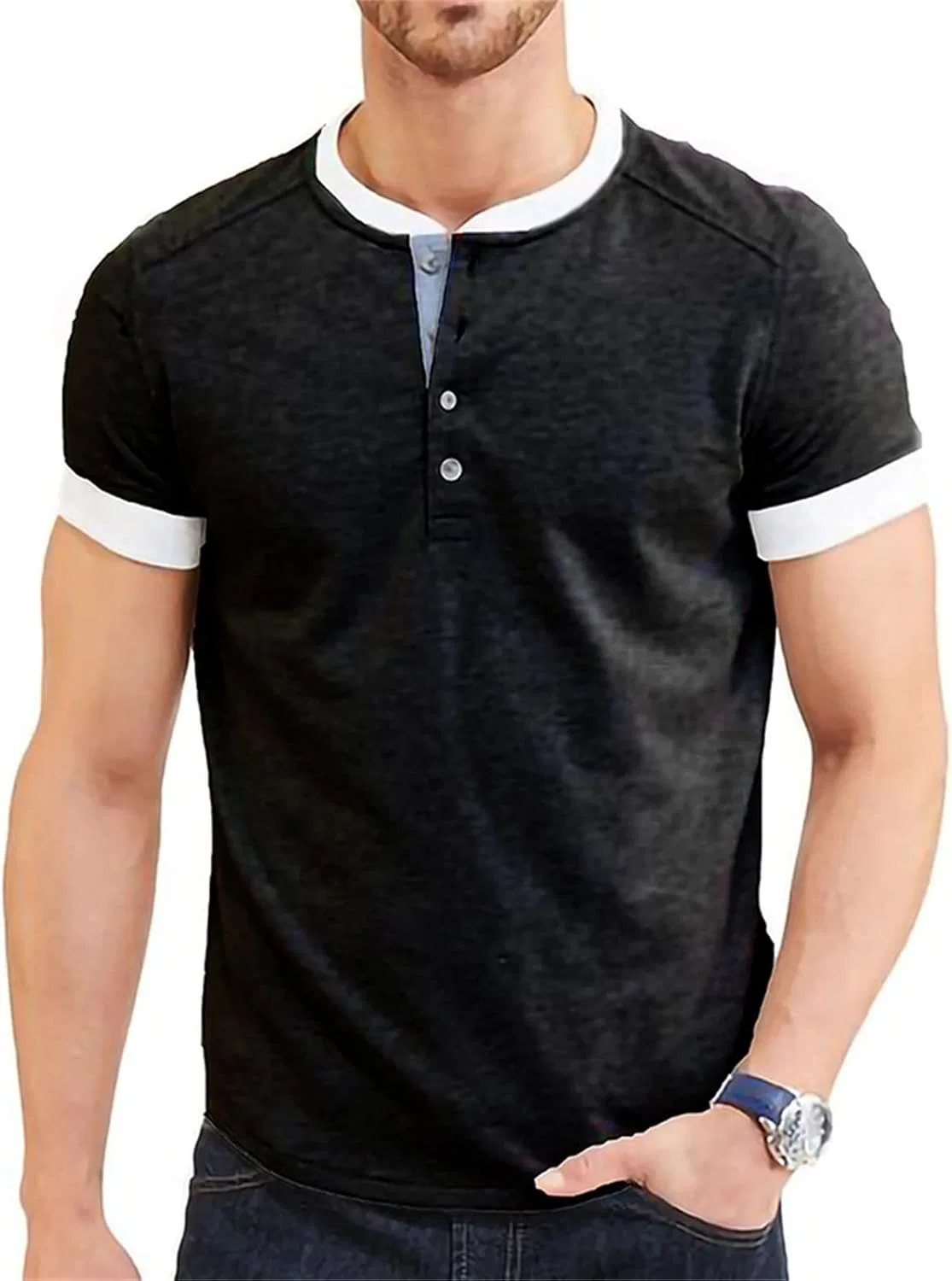 Мужская хлопковая футболка с карманом Henley, Black — фото 2