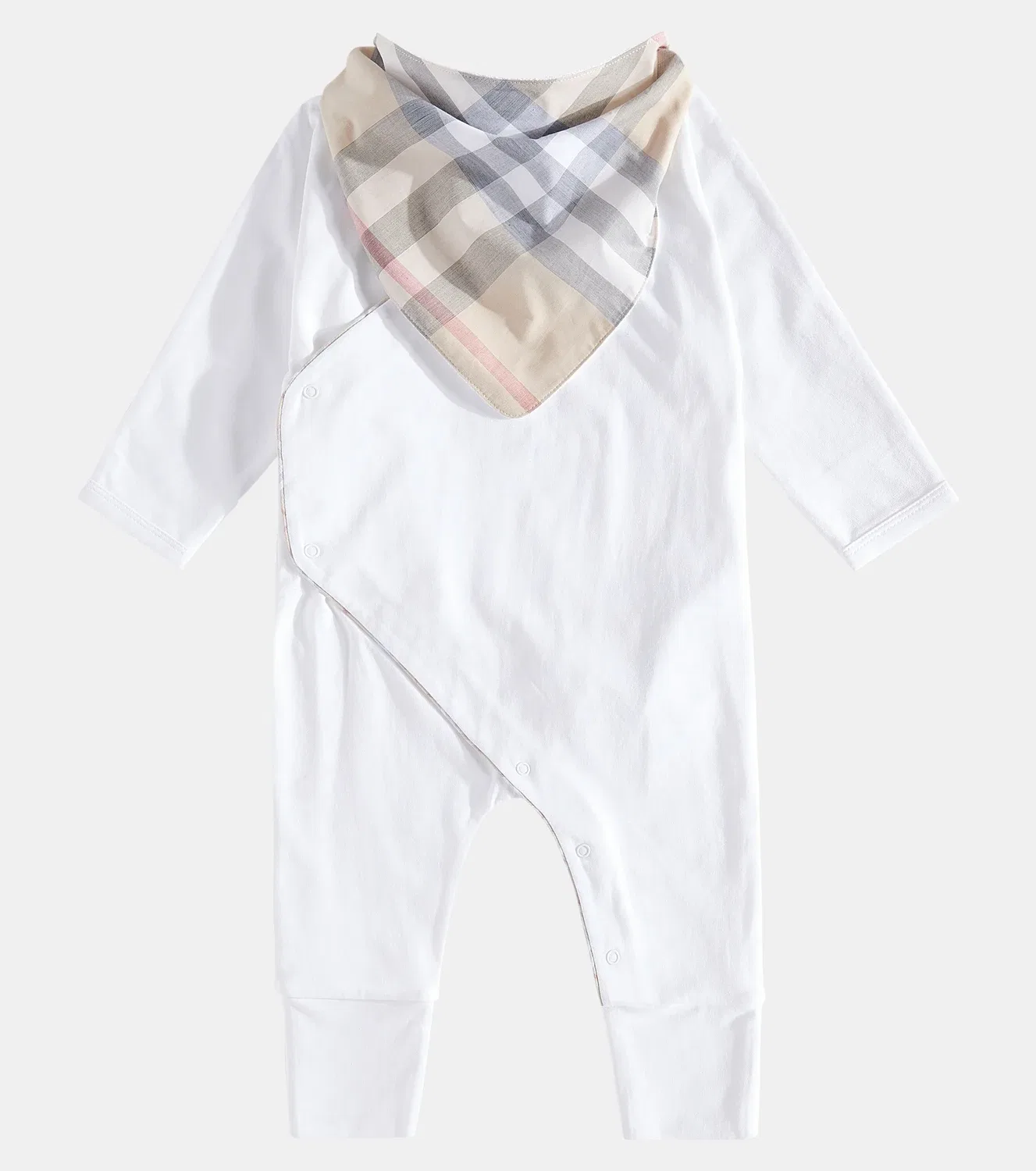 Комплект хлопковый комбинезон и нагрудник для новорожденных Burberry Kids, белый — фото 2
