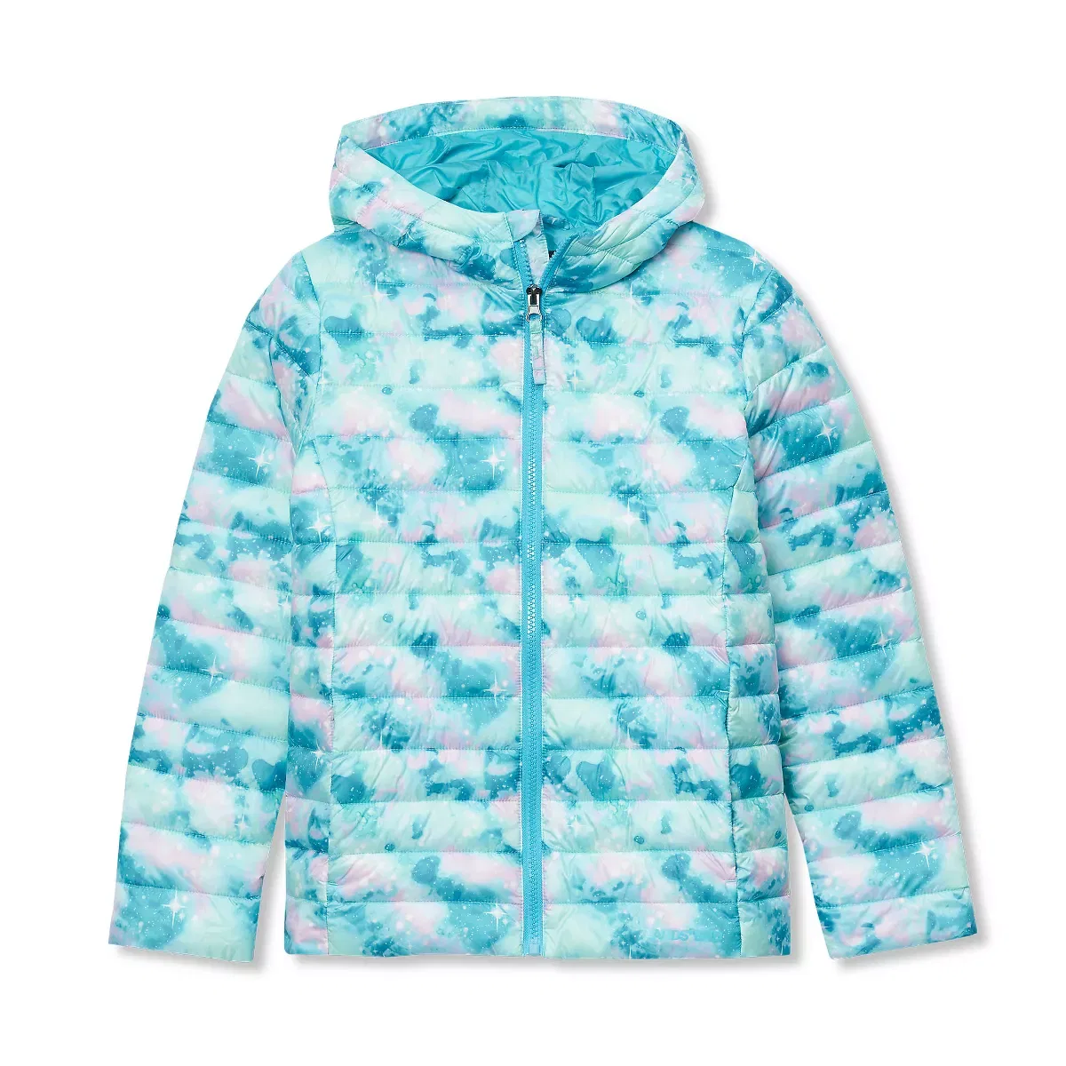 Детское пальто для девочек утепленное ThermoPlume Lands' End, Aqua Glitter — фото 2