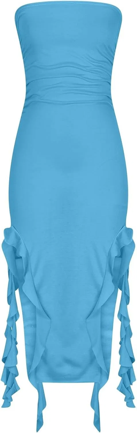 Женское асимметричное платье миди с драпировкой, Blue — фото 3