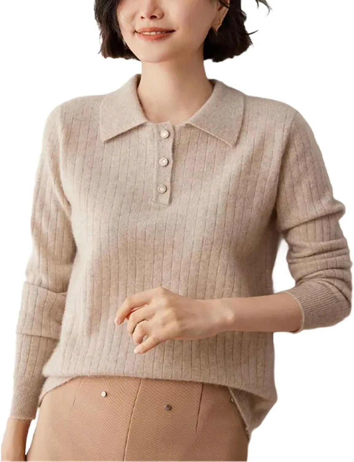 Женский пуловер с воротником из кашемира, модель Collar Cashmere, светло-коричневый