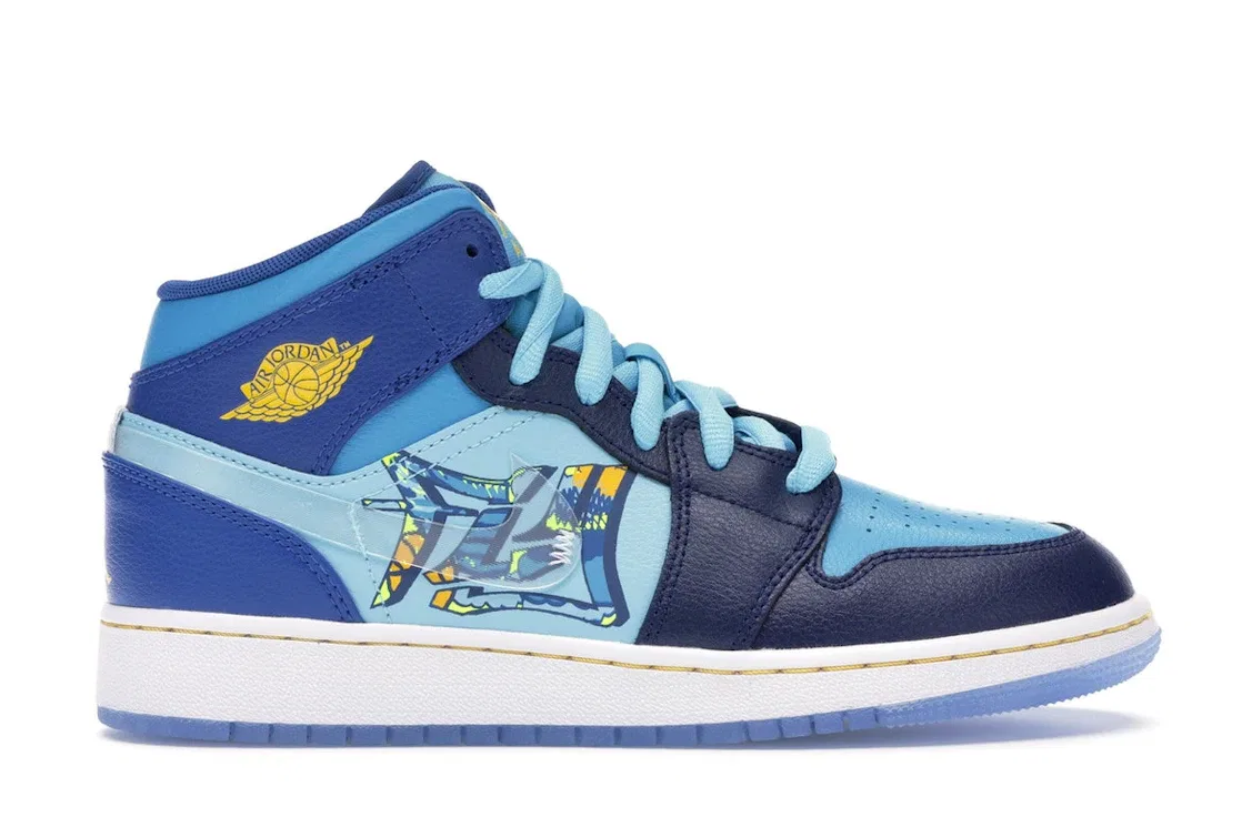 Детские кроссовки Lifestyle с принтом Jordan 1 Mid Jordan, Blue Void/Clear-Team Royal-Blue Lagoon-Blue Gaze-Off White