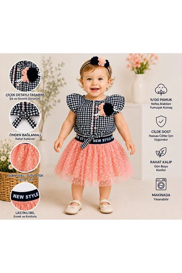 Детский комплект для девочек с принтом Mine trend pitikareli tutu skirt and floral accessories Necixs Bebee, Salmon