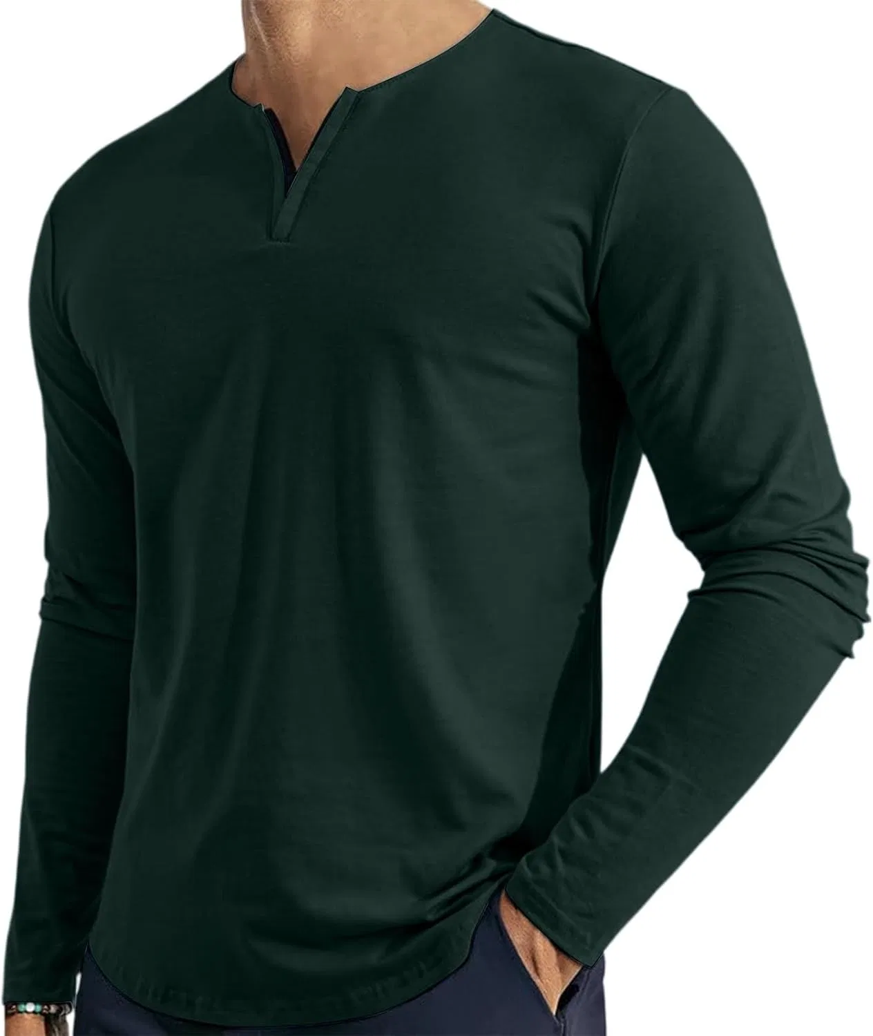 Мужская футболка с длинным рукавом V-образным вырезом, Dark Green